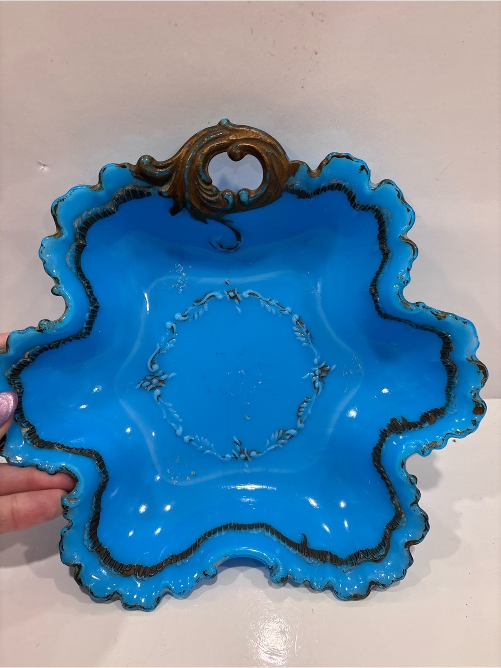 Antique Victorian blue opaline milk glass ruffled bowl w pierced handle